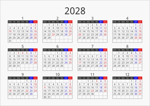 2028年 年間カレンダー フォーマル 横向き 月曜始まり 曜日(英語)