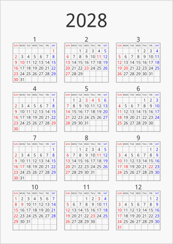 2028年 年間カレンダー シンプル 枠あり 縦向き 曜日(英語)