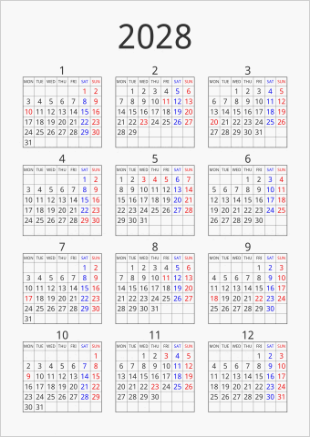 2028年 年間カレンダー シンプル 枠あり 縦向き 月曜始まり 曜日(英語)