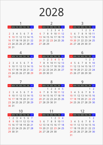 2028年 年間カレンダー フォーマル 枠なし 縦向き 曜日(英語)