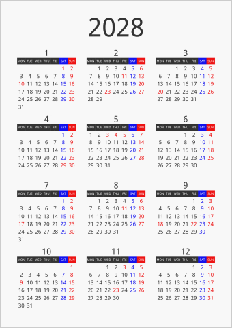 2028年 年間カレンダー フォーマル 枠なし 縦向き 月曜始まり 曜日(英語)