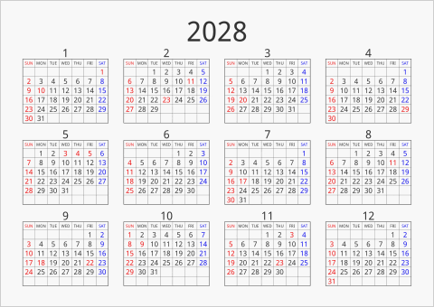 2028年 年間カレンダー シンプル 枠あり 横向き 曜日(英語)