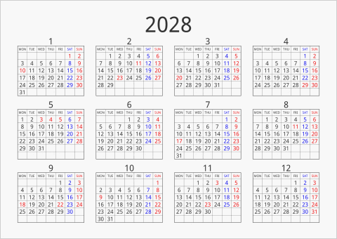 2028年 年間カレンダー シンプル 枠あり 横向き 月曜始まり 曜日(英語)