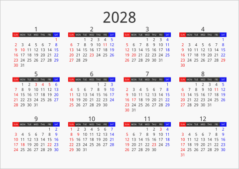 2028年 年間カレンダー フォーマル 枠なし 横向き 曜日(英語)