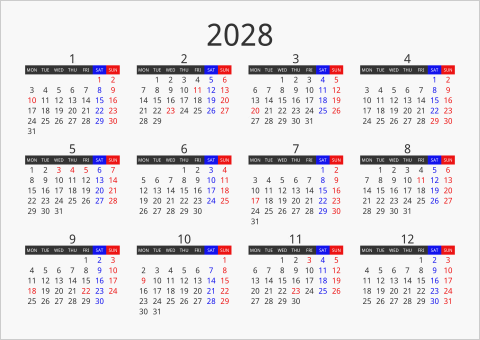 2028年 年間カレンダー フォーマル 枠なし 横向き 月曜始まり 曜日(英語)