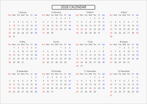 2028年 年間カレンダー 標準 枠なし 横向き 曜日(英語)