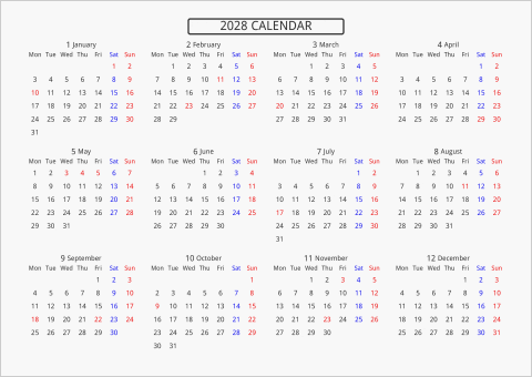 2028年 年間カレンダー 標準 枠なし 横向き 月曜始まり 曜日(英語)