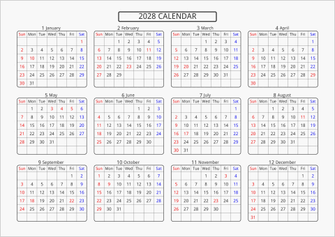 2028年 年間カレンダー 標準 角丸枠 横向き 曜日(英語)