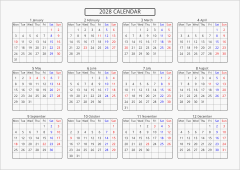 2028年 年間カレンダー 標準 角丸枠 横向き 月曜始まり 曜日(英語)