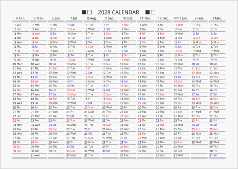 2028年 年間カレンダー 日付縦向き 4月始まり 曜日(英語)