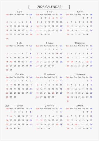 2028年 年間カレンダー 標準 枠なし 4月始まり 曜日(英語)