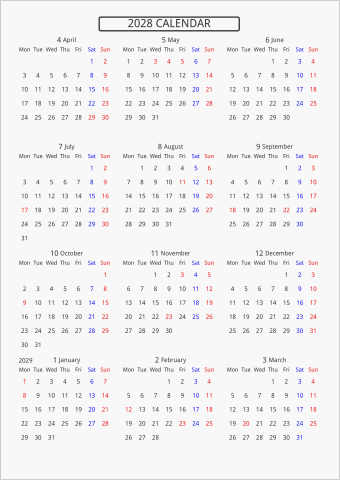 2028年 年間カレンダー 標準 枠なし 4月始まり 月曜始まり 曜日(英語)