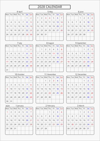 2028年 年間カレンダー 標準 角丸枠 4月始まり 月曜始まり 曜日(英語)