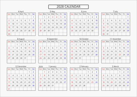 2028年 年間カレンダー 標準 横向き 4月始まり 曜日(英語)