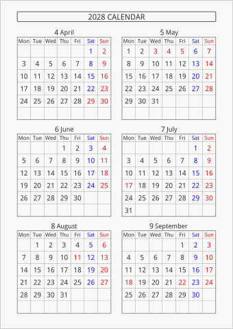 2028年 6ヶ月カレンダー 縦向き 4月始まり 月曜始まり 曜日(英語)