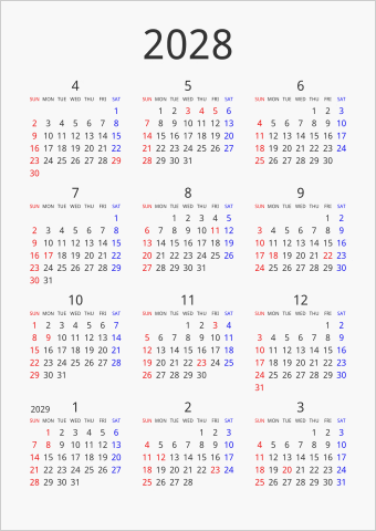2028年 年間カレンダー シンプル 縦向き 4月始まり 曜日(英語)
