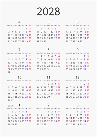 2028年 年間カレンダー シンプル 縦向き 4月始まり 月曜始まり 曜日(英語)