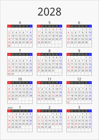 2028年 年間カレンダー フォーマル 縦向き 4月始まり 曜日(英語)