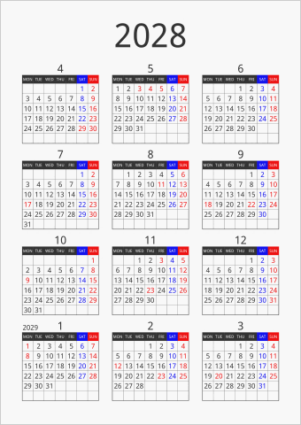 2028年 年間カレンダー フォーマル 縦向き 4月始まり 月曜始まり 曜日(英語)