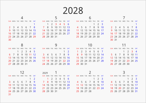 2028年 年間カレンダー シンプル 横向き 4月始まり 曜日(英語)
