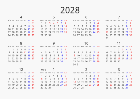 2028年 年間カレンダー シンプル 横向き 4月始まり 月曜始まり 曜日(英語)