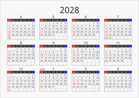 2028年 年間カレンダー フォーマル 横向き 4月始まり 曜日(英語)
