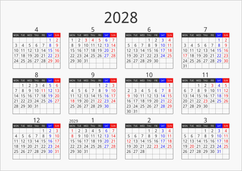 2028年 年間カレンダー フォーマル 横向き 4月始まり 月曜始まり 曜日(英語)