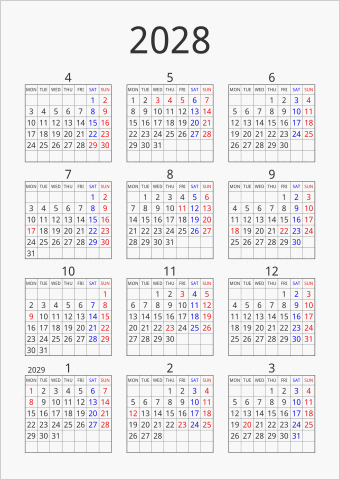 2028年 年間カレンダー シンプル 枠あり 縦向き 4月始まり 月曜始まり 曜日(英語)