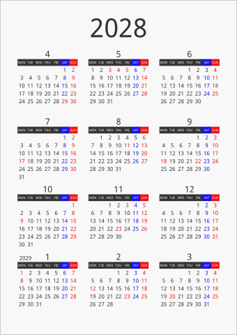 2028年 年間カレンダー フォーマル 枠なし 縦向き 4月始まり 月曜始まり 曜日(英語)