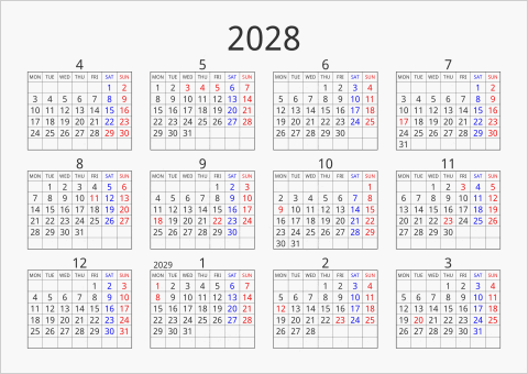 2028年 年間カレンダー シンプル 枠あり 横向き 4月始まり 月曜始まり 曜日(英語)