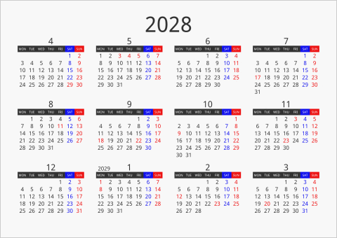 2028年 年間カレンダー フォーマル 枠なし 横向き 4月始まり 月曜始まり 曜日(英語)