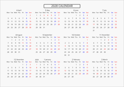 2028年 年間カレンダー 標準 枠なし 横向き 4月始まり 月曜始まり 曜日(英語)