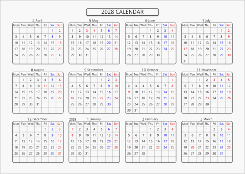 2028年 年間カレンダー 標準 角丸枠 横向き 4月始まり 月曜始まり 曜日(英語)